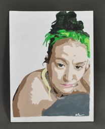 Signed Contemporary Portrait Painting Of Woman With Green Hair