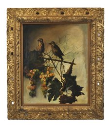 Antique Signed Oil Painting With Birds & Grapes In Ornate Gilded Frame