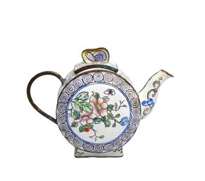 Enamel-on-Copper Miniature Teapot, Possibly Chinemel (B. Yee), Floral Rose Pattern