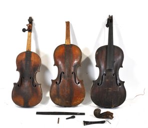 Group Of Three Antique Violins For Restoration Or Parts -  'ERIN GO BRAGH' (Ireland Forever).