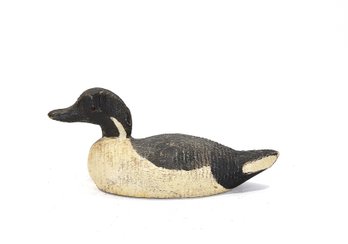 Vintage Hand-Carved Wooden Duck Decoy With Painted Black & White Body