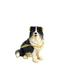 Vintage Kingspoint Border Collie Dog Jeweled Enamel Trinket Box