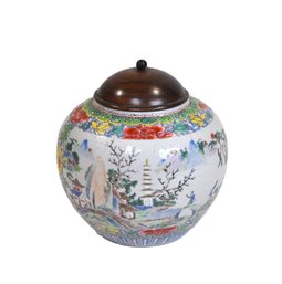 Antique 19th Century Chinese Famille Rose Porcelain Jar With Wooden Lid
