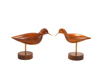 Pair Of Mid-Century Modern Wooden Shorebird Sculptures On Stands