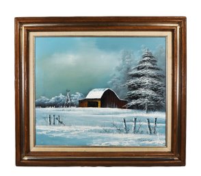 Everett Woodson (1933-2016)  ' The Boundries'  Winter Barn Landscape Oil Painting