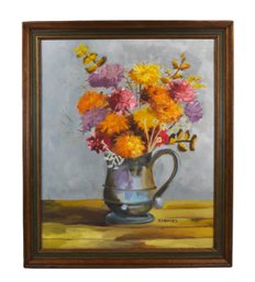 J. Grimes (1898-1975) Still Life Oil Painting - Flowers In Pewter Pitcher