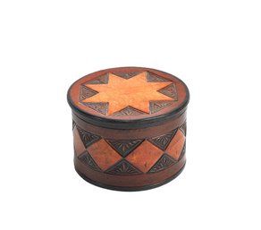 Vintage Artesania Argentina Tooled Leather Round Trinket Box