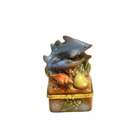 Vintage Porcelain Dolphin & Seashell Hinged Trinket Box