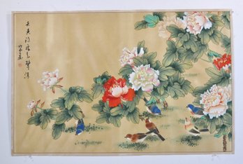 Vintage Chinese Hand-Painted Silk Painting - Peonies And Birds, Signed