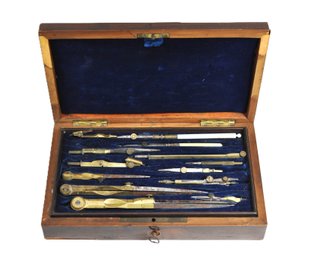Antique Drafting & Drawing Instruments Set In Inlaid Wooden Case
