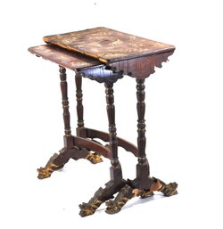 Pair Chinese Carved & Lacquered Nesting Tables With Gilt Decoration And Dragon Feet