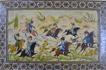 Vintage Persian Hand-Painted  Wood Box - Hunting Scene