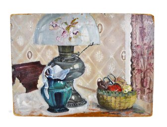 Vintage Still Life Oil Painting On Board  Kerosene Lamp, Pitcher & Basket