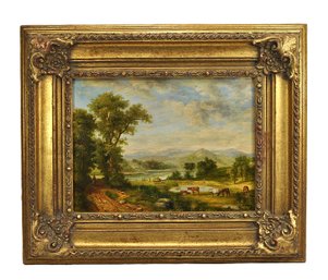 G. Rose (20th Century) Pastoral Landscape Oil Painting With Cattle In Ornate Gilt Frame