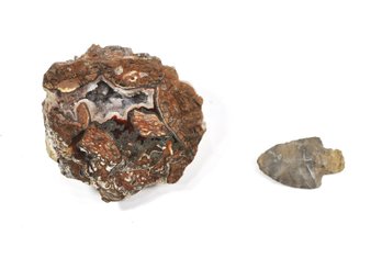 Natural Agate Geode With Quartz Crystal Interior & Stone Arrowhead