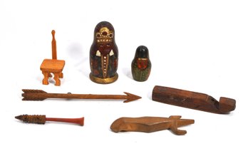 Mixed Lot Of Vintage Wooden Folk Art & Hand-Carved Objects