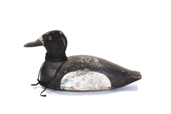Vintage Hand-Carved Wooden Duck Decoy With Iron Strap Keel