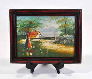 Small Vintage Folk Art Landscape Painting On Board, Framed