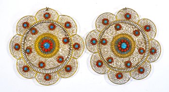 Vintage Brass Filigree Tibet Nepal Wall Dishes, Coral Turquoise