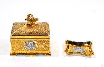 Vintage Victoria China Covered Box And Dish - 24K Gold Encrusted Platinum Center