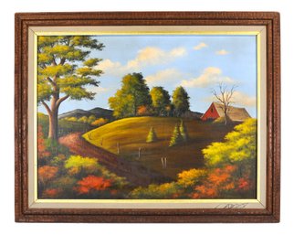Underwood Signed Mid-Century American Landscape Oil Painting -  Autumn Farm Scene
