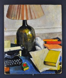 Vintage Still Life Oil Painting On Board - Lamp, Typewriter & Books