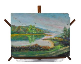 Vintage Folk Art Landscape Oil Painting On Board, Signed