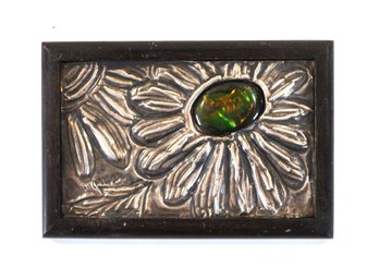 Signed Silver Miniature Repousse Panel With Floral Motif And Opalescent Stone, Venezuela