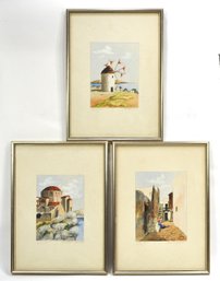 Set Of 3 Signed Greek School Coastal Watercolors