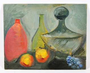 Vintage Modernist Still Life Oil Painting On Canvas - Bottles, Fruit & Glass Decanter
