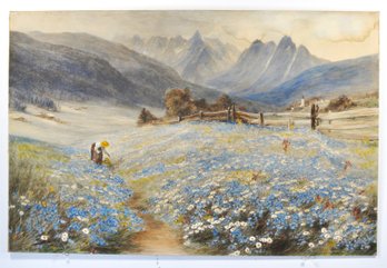 Vintage Landscape Pastel Painting Of Woman In Wildflower Meadow - Signed