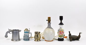 Mixed Vintage Decorative Smalls - Pewter Mugs, Mini American Eagle Stein, Duck Tray, Table Lamps