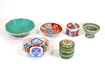 Group Of Vintage Asian Porcelain & Cloisonn Bowls, Covered Jar & Dishes