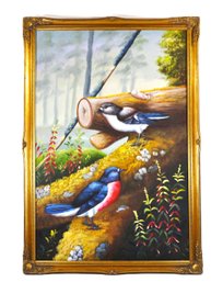 Vintage Oil Painting Of Birds On A Forest Path - Signed