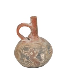 Pre-Columbian Style Peruvian Pottery Stirrup Vessel With Figural Decoration