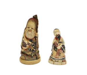 Pair Antique Asian Hand Carved Resin Polychrome Figurines