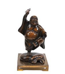 Vintage Laughing Buddha Sculpture - Joyful Pose With Fan On Brass Stand