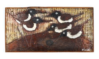 Vintage Folk Art Carved Wooden Panel With Shorebirds, Signed