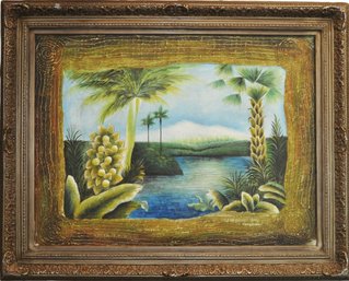 Huge Decorative Tropical Landscape Painting With Palms & River