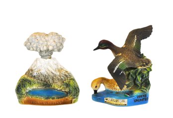 2 Vintage Jim Beam Figural Whiskey Decanters - Ducks Unlimited & Mount St. Helens
