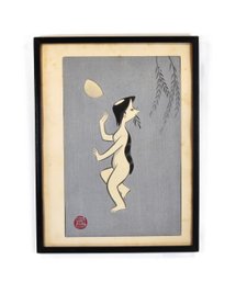 Iku Nagai (Japanese/American, B. 1930) Woodblock Print - Kappa Under The Moon