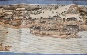 Very Long Chinese Scroll - Li Qingming, River Surface With Boats & People- (256 Inches)