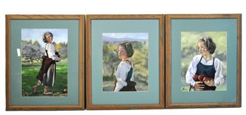 Mary Jane Q. Cross (NH) Set Of Three Framed Limited Edition Prints Of Girl With Apples, Signed & Numbered