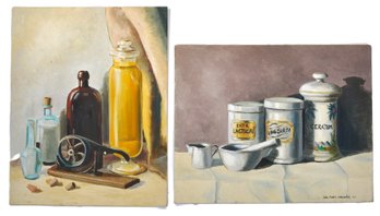 John Martini Watermulder (1916-2004) - Pair Mid-Century Still Life Oil Paintings  Apothecary Bottles & Jars