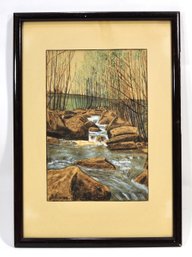 Vintage Signed Landscape Mixed Media Of Woodland Stream, Framed