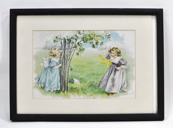Maud Humphrey (1868-1940) ' Snowballing  Summer' 1893 Chromolithograph, Framed