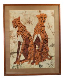 Vintage N. Gatiba African Batik Textile Painting Of Cheetah Family -  Framed