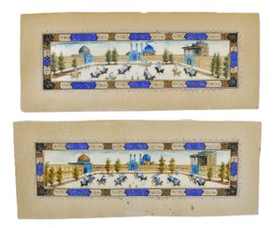 Pair Antique Persian Miniature Paintings Polo Game - Signed