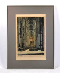 Antique Signed Gothic Cathedral Interior Etching With Gargoyle On Bottom Margin