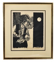 Mid- Century Juggler Girl Woodcut Print - Signed